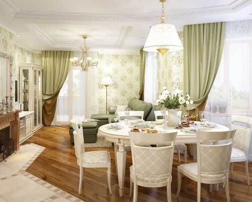 Интерьер визуально делится, с помощью молдингов, высоких плинтусов, могут быть как с обоями, так и выкрашены